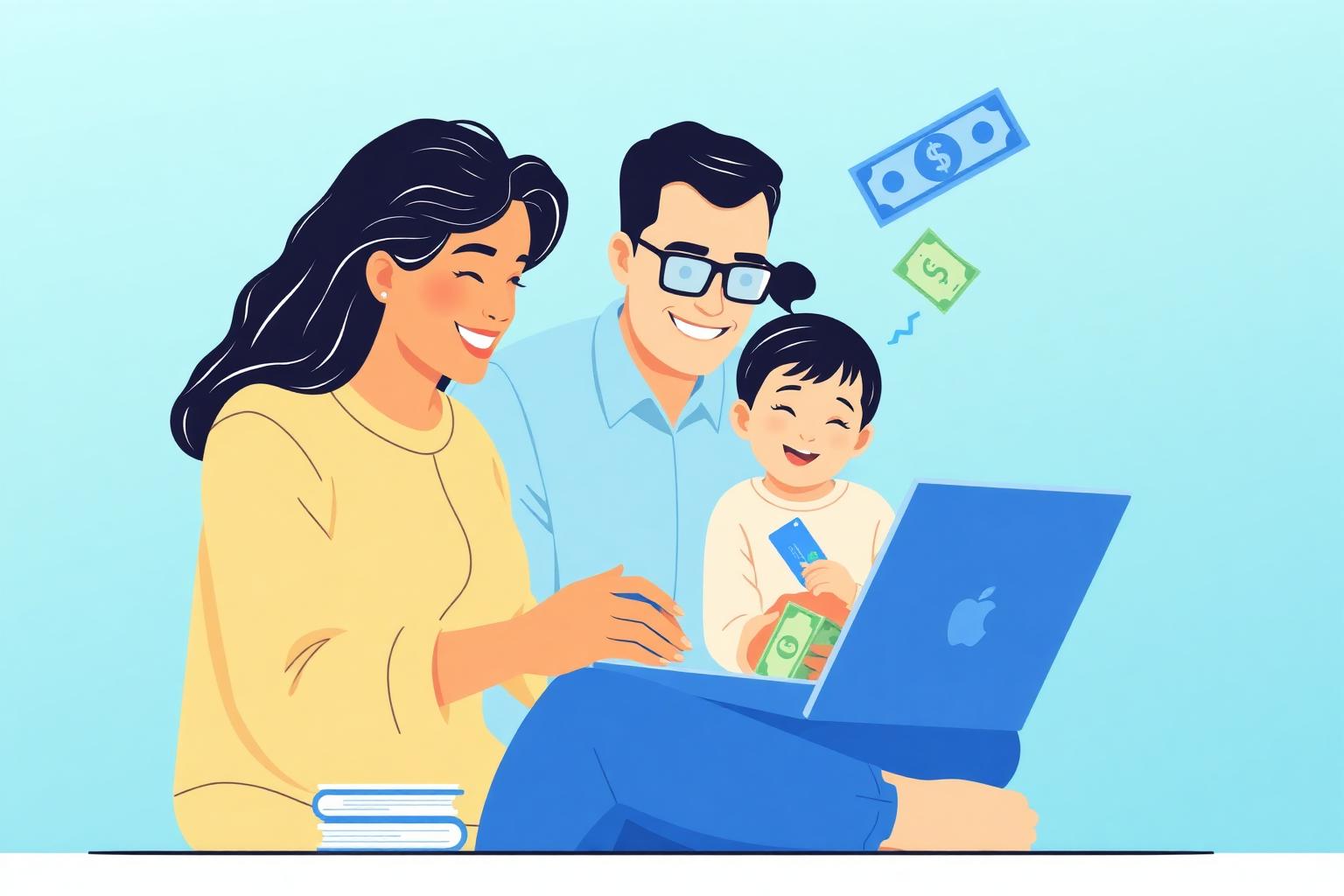 Familia hispana revisando sus finanzas en una laptop