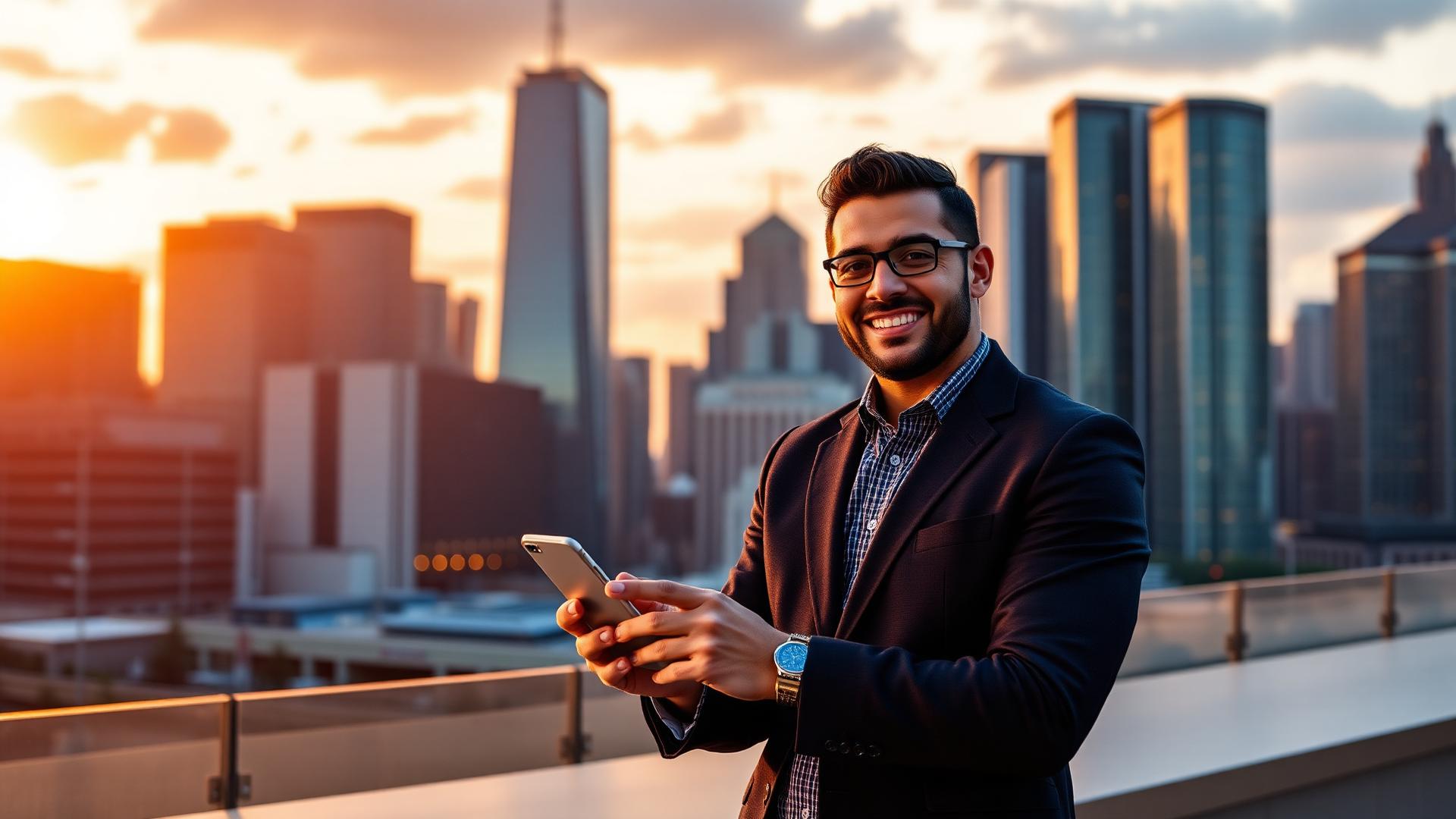 Profesional hispano usando una app de finanzas con el skyline de la ciudad al atardecer